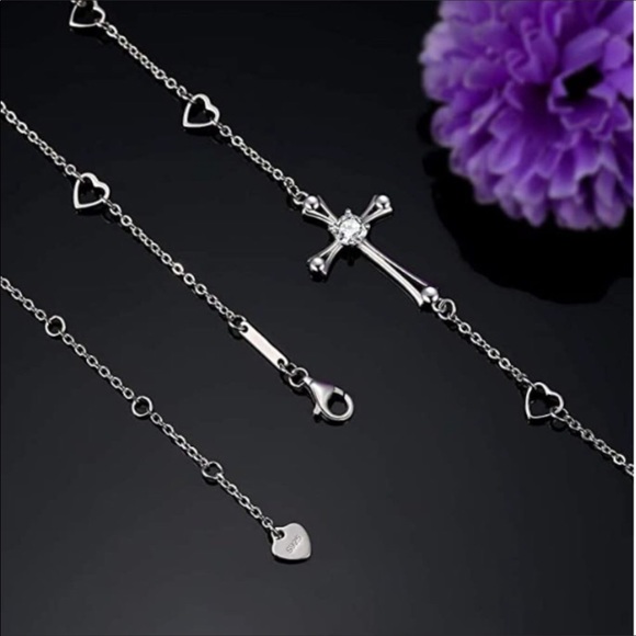 Sterling Silver CZ Cross Charm Anklet - Picture 2 of 5